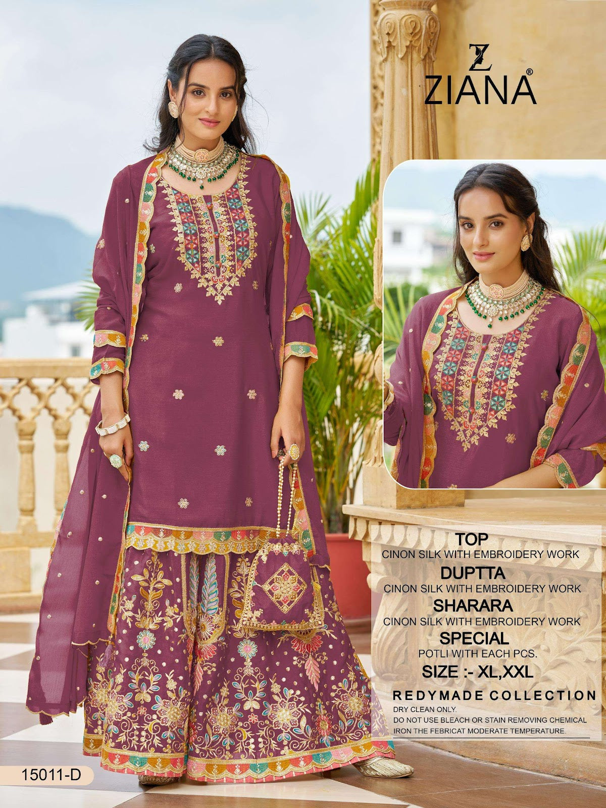 Vol 1 Dn 15011 Ziana Chinon Silk Readymade Plazzo Style Suits Wholesale Price