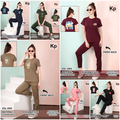 Vol 2094 Plain To Plain Kp Cotton Biowashed Pyjama Night Suits Supplier