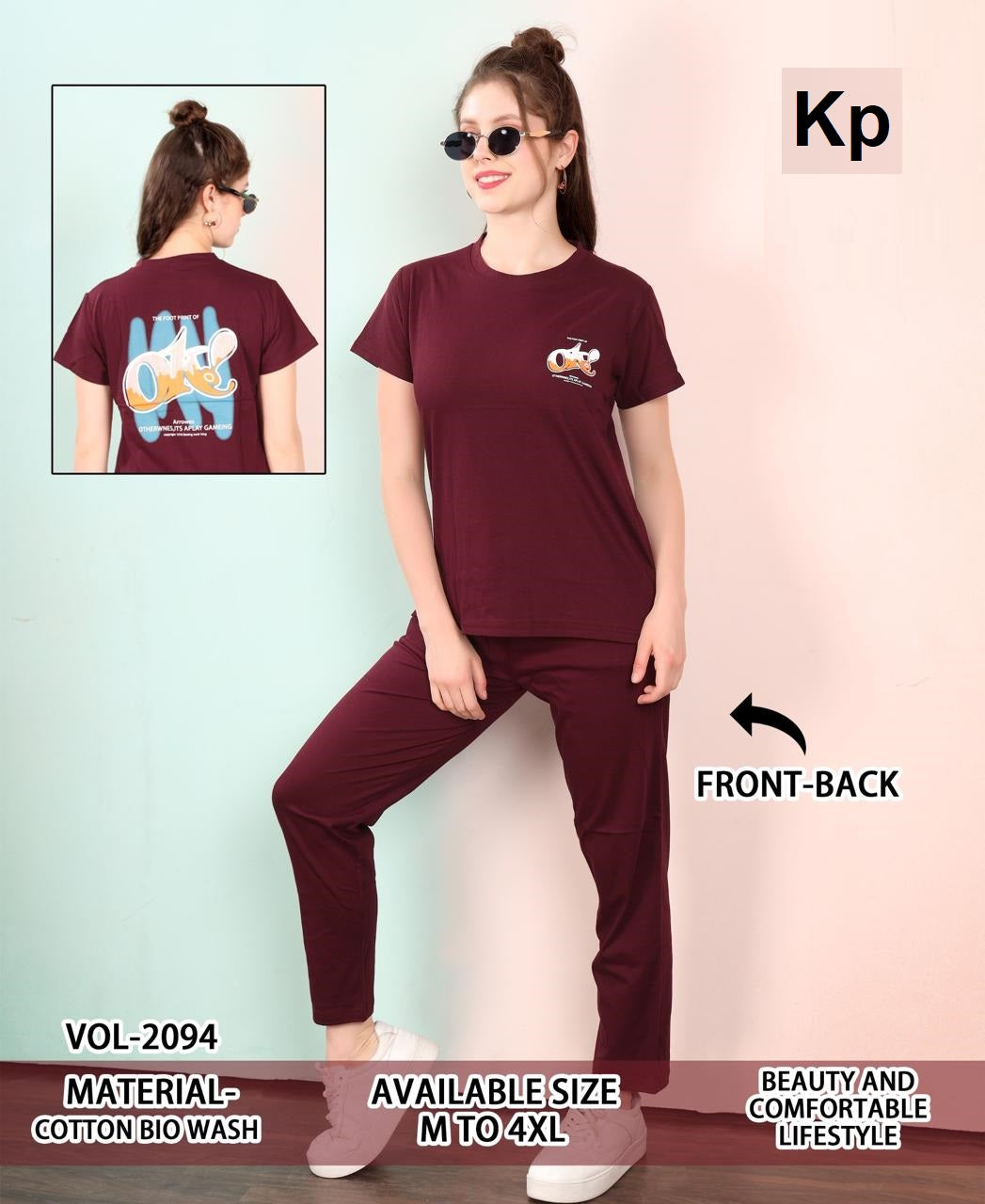 Vol 2094 Plain To Plain Kp Cotton Biowashed Pyjama Night Suits Supplier