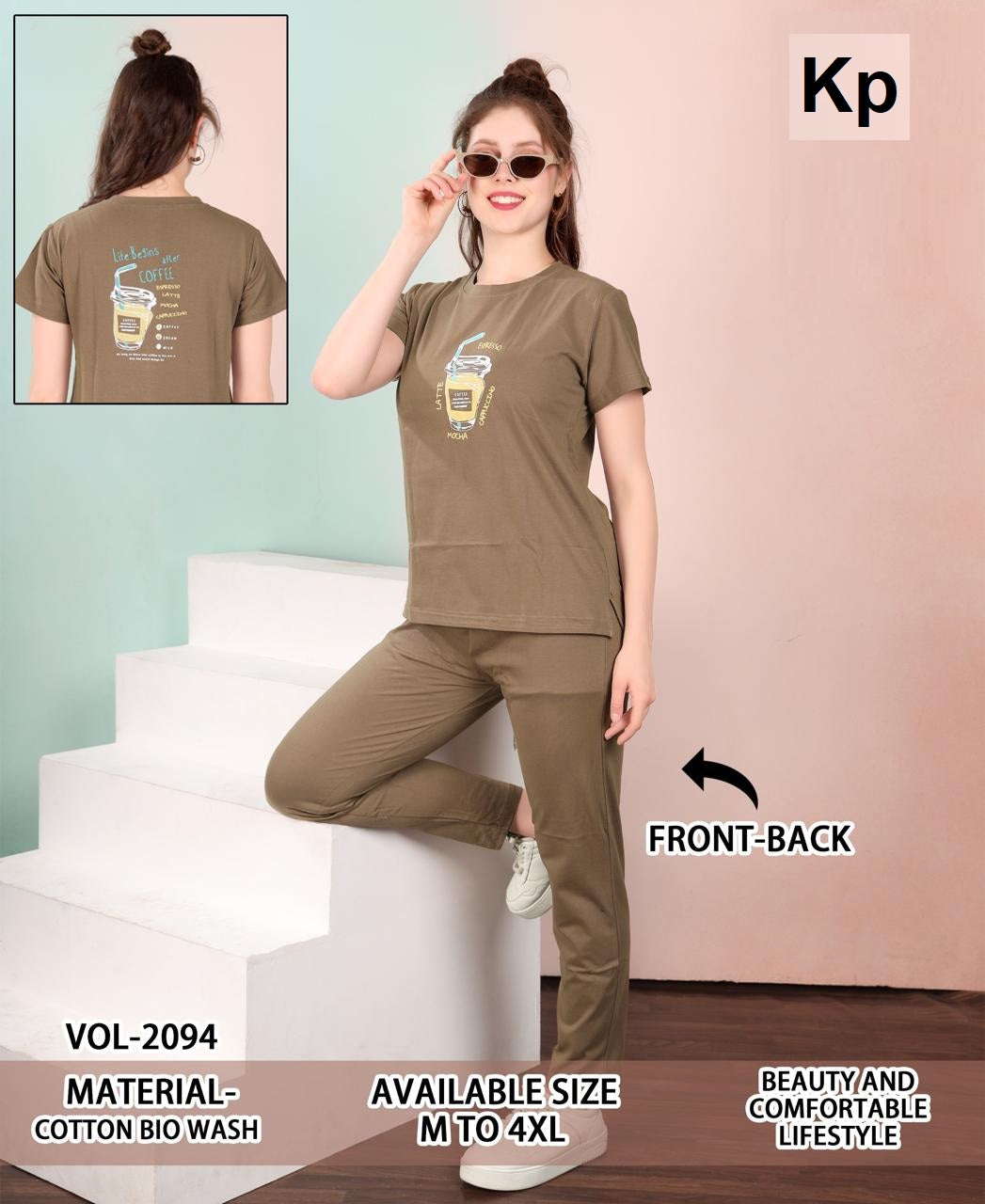 Vol 2094 Plain To Plain Kp Cotton Biowashed Pyjama Night Suits Supplier
