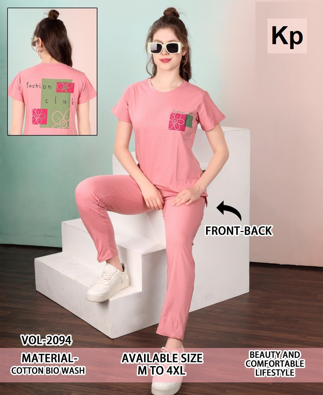 Vol 2094 Plain To Plain Kp Cotton Biowashed Pyjama Night Suits Supplier