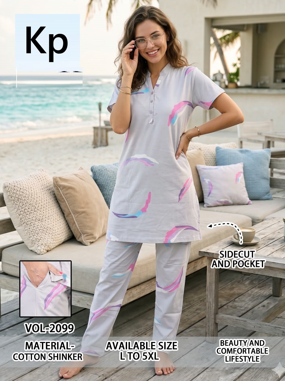 Vol 2099 Kurta Style Kp Cotton Long Night Suits Wholesale Rate