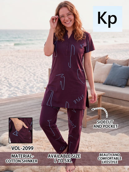 Vol 2099 Kurta Style Kp Cotton Long Night Suits Wholesale Rate