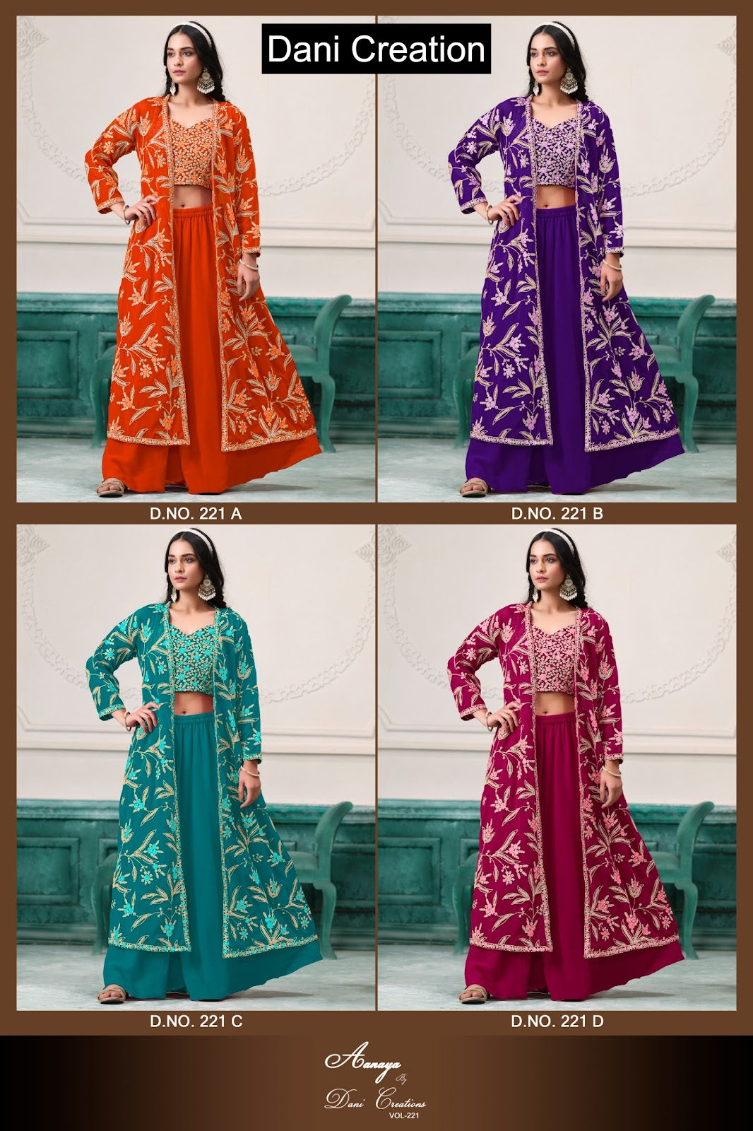 Vol 221 Dani Creations Aanaya Fox Georgette Crop Top Shurg Palazzo Set Manufacturer Ahmedabad