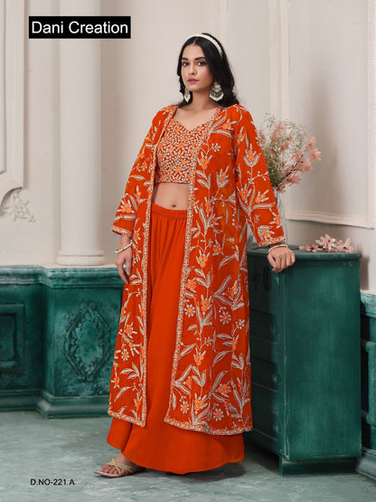 Vol 221 Dani Creations Aanaya Fox Georgette Crop Top Shurg Palazzo Set Manufacturer Ahmedabad
