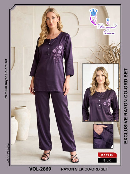 Vol 2864-2869 Diamond Queen Rayon Silk Co Ord Set Supplier Ahmedabad