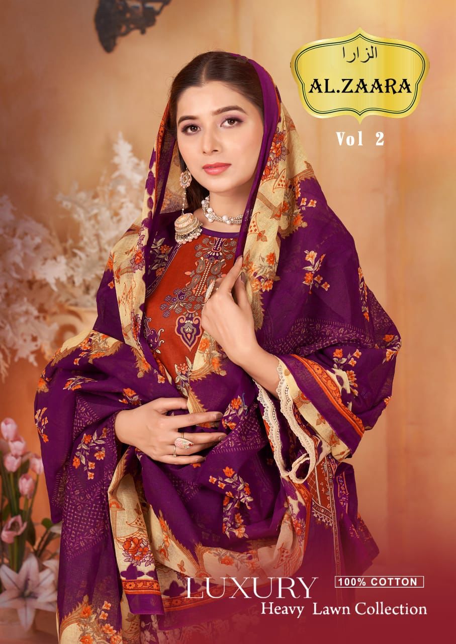 Vol 2 Luxury Heavy Lawn Collection Al Zaara Cotton Karachi Readymade Suits Wholesaler India