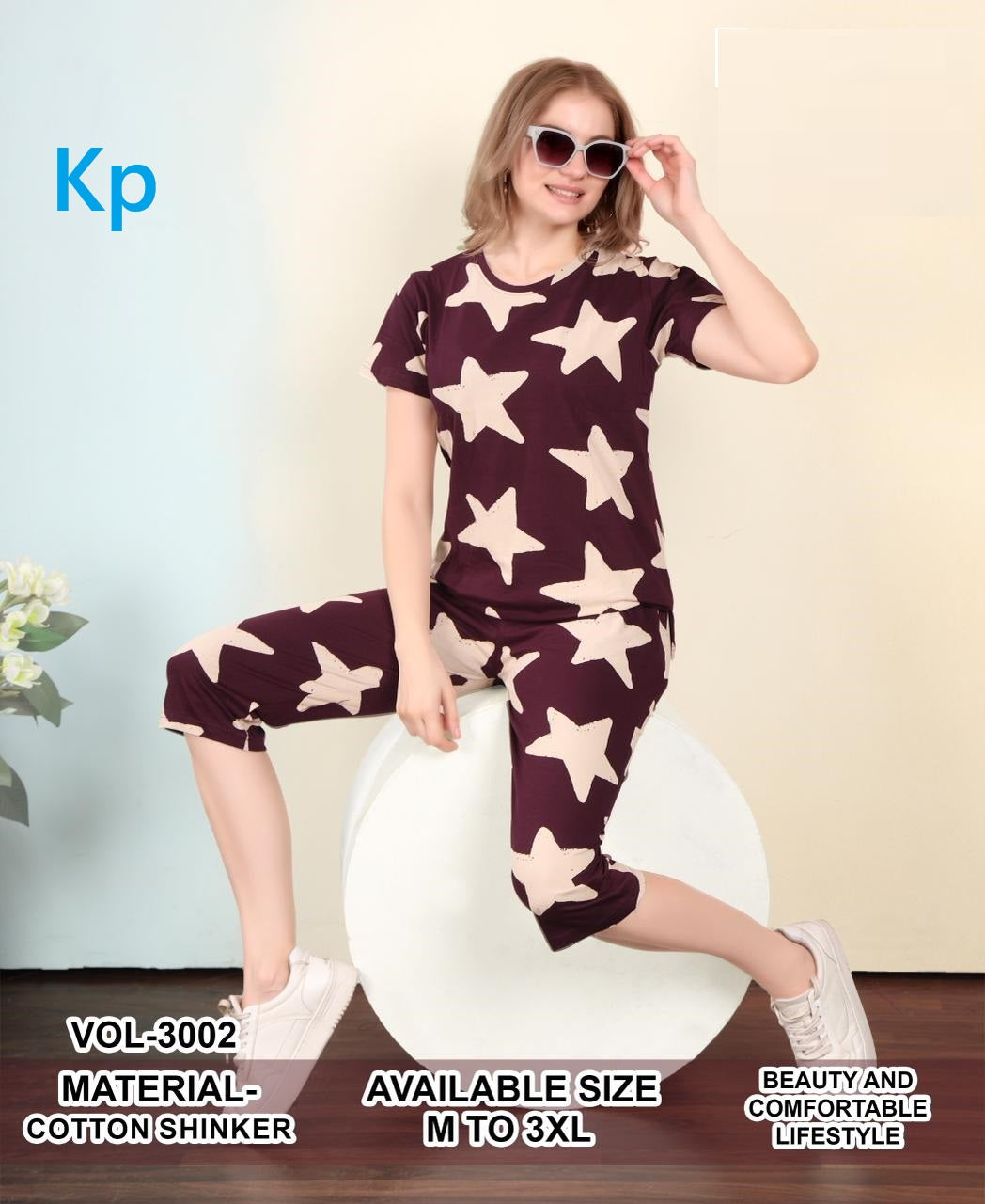 Vol 3002 Kp Cotton Capri Night Suits Wholesale