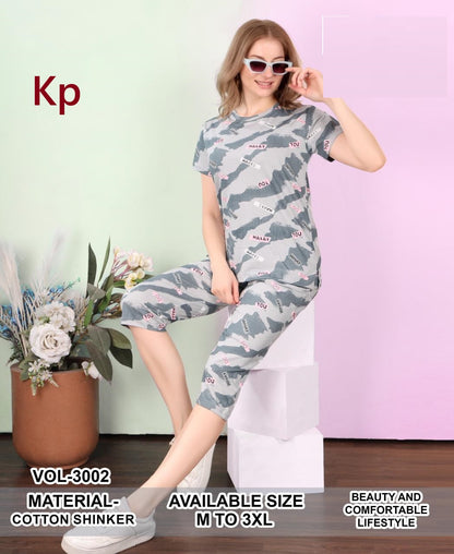 Vol 3002 Kp Cotton Capri Night Suits Wholesale