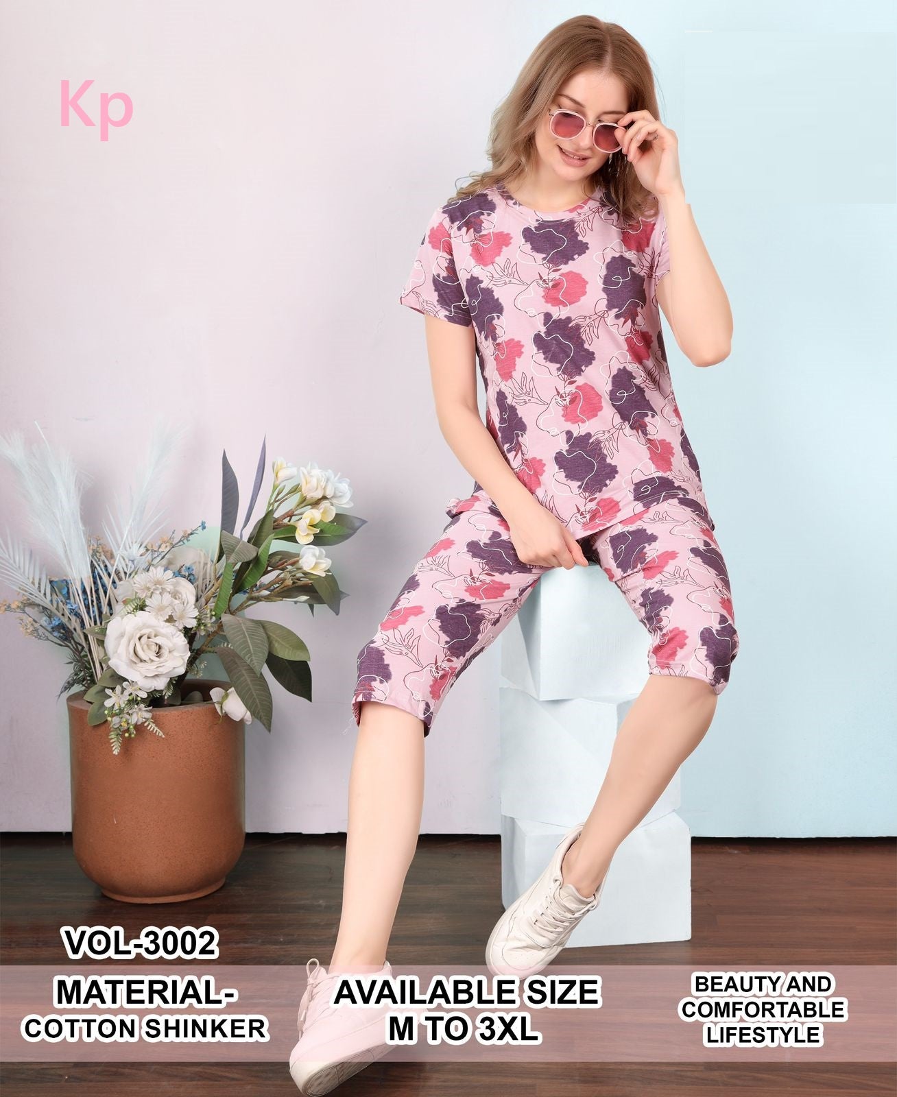 Vol 3002 Kp Cotton Capri Night Suits Wholesale