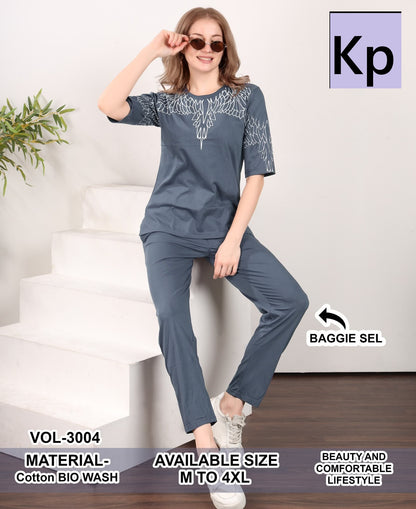 Vol 3004 Kp Cotton Biowashed Pyjama Night Suits Wholesale