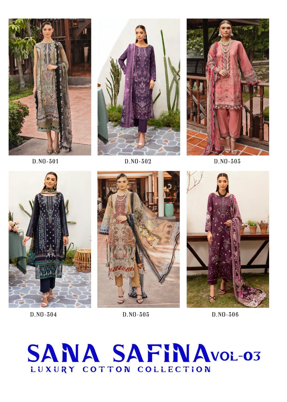 Vol 3 Luxury Cotton Collection Sana Safinaz Lawn Karachi Salwar Suits Supplier Ahmedabad