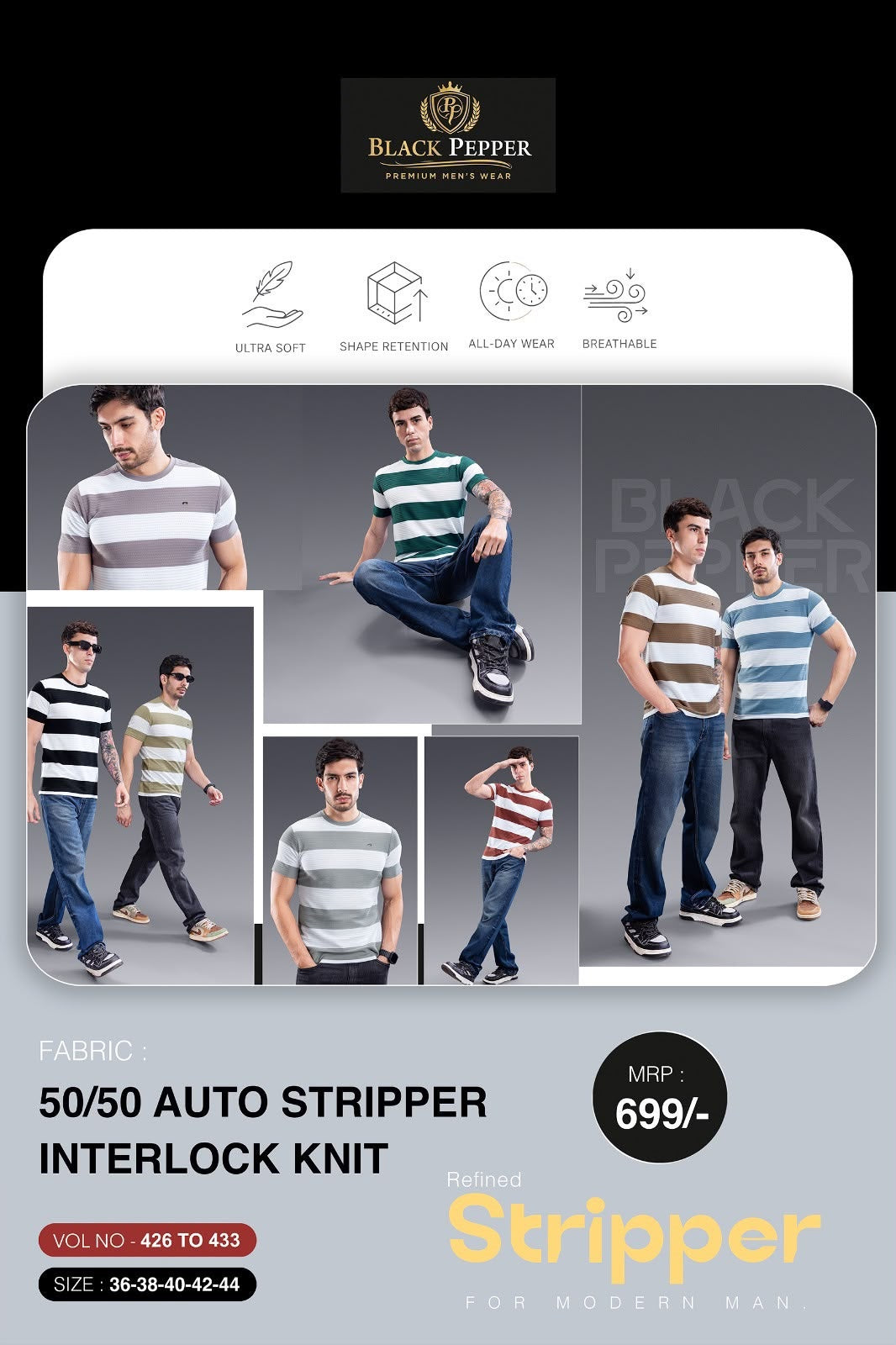 Vol 426 To 433 Black Pepper Auto Stripes Mens Tshirts Wholesaler