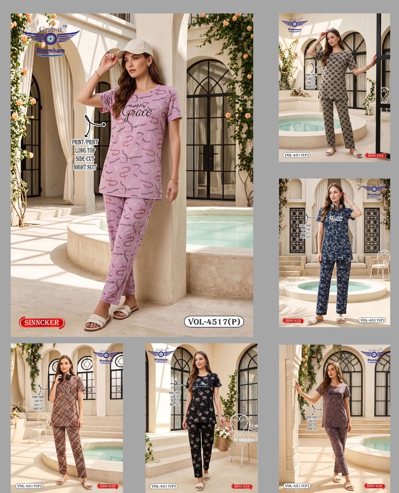 Vol 4517 P Long Top Grab It Sinker Kurta Night Suits Wholesale