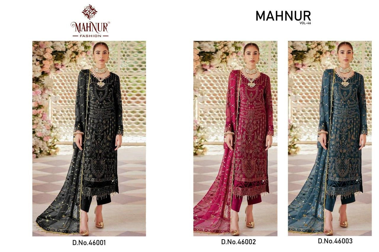 Vol 46 46001-46003 Mahnur Georgette Pakistani Salwar Suits Wholesale Rate