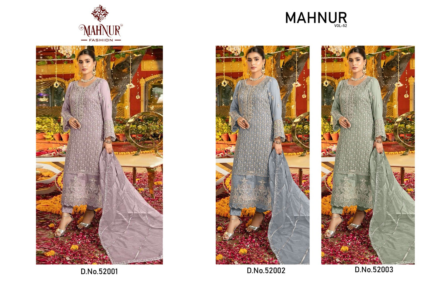 Vol 52 - 52001-52003 Mahnur Nylon Organza Pakistani Salwar Suits Exporter Ahmedabad