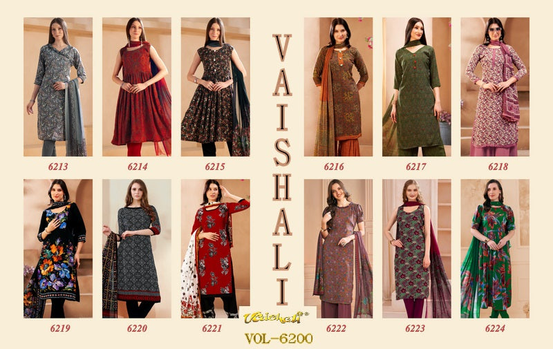 Vol 6200 Vaishali Fashions Pure Crape Pant Style Suits Supplier Gujarat