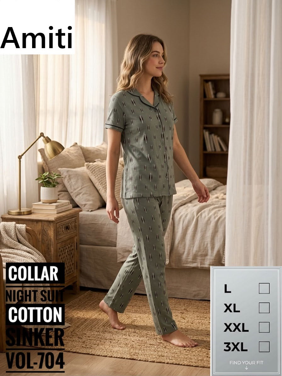 Vol 704 Sinker Amiti Cotton Collar Night Suits Wholesale Price
