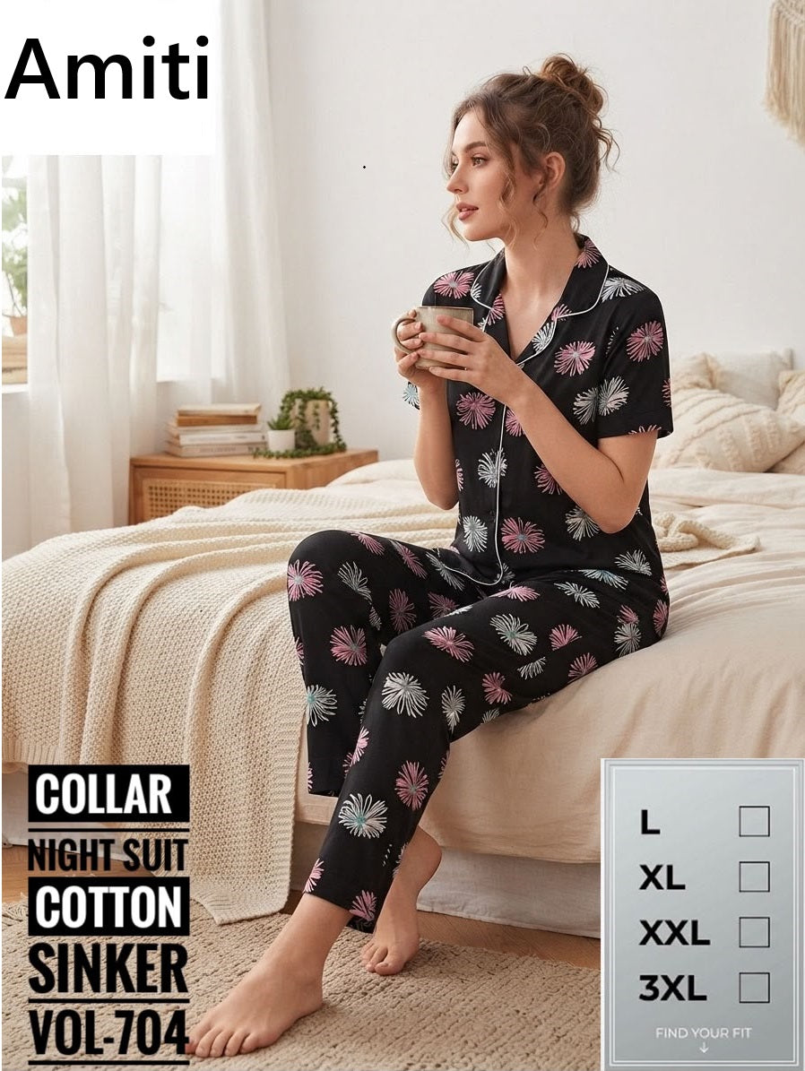 Vol 704 Sinker Amiti Cotton Collar Night Suits Wholesale Price