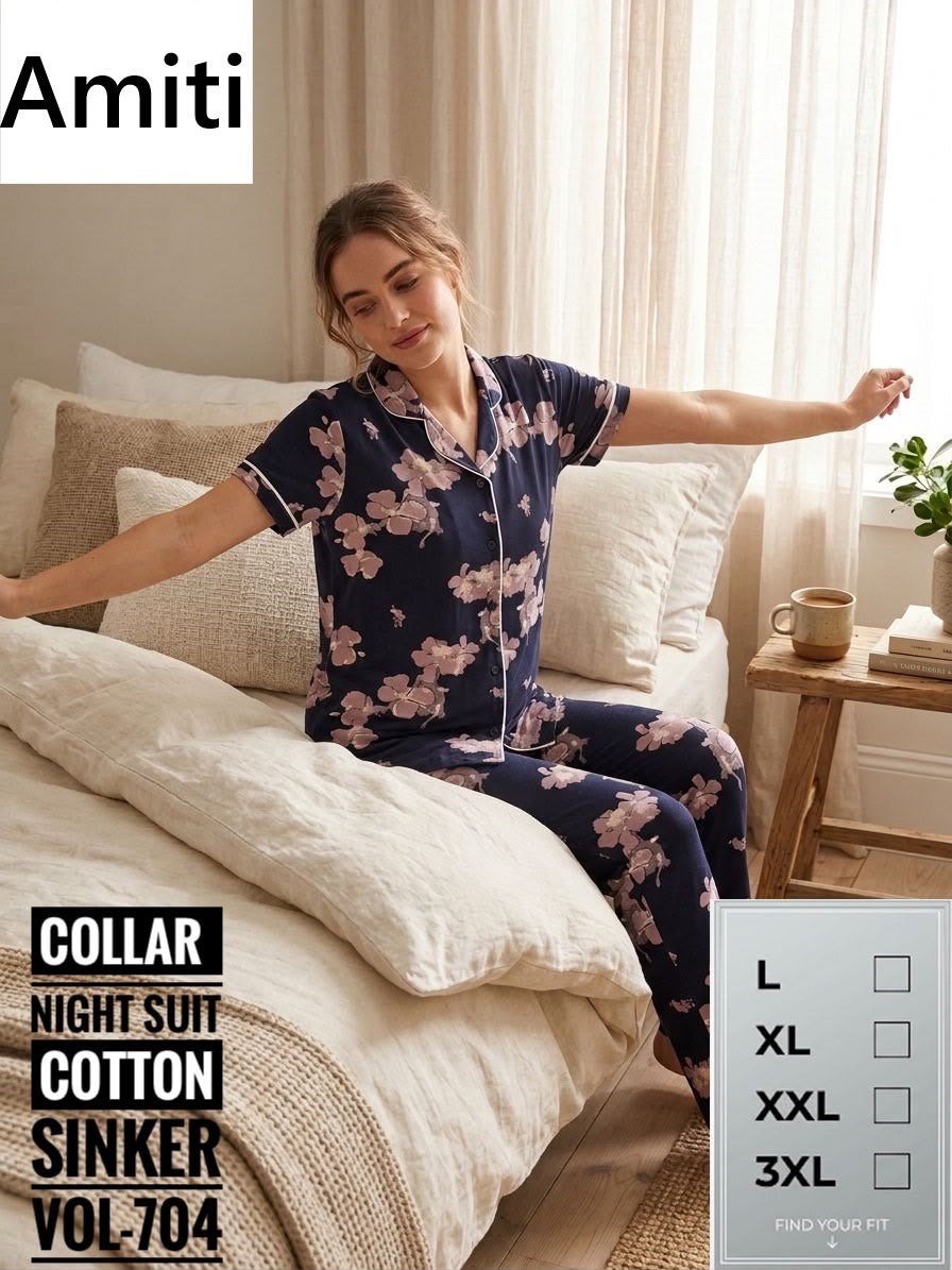 Vol 704 Sinker Amiti Cotton Collar Night Suits Wholesale Price