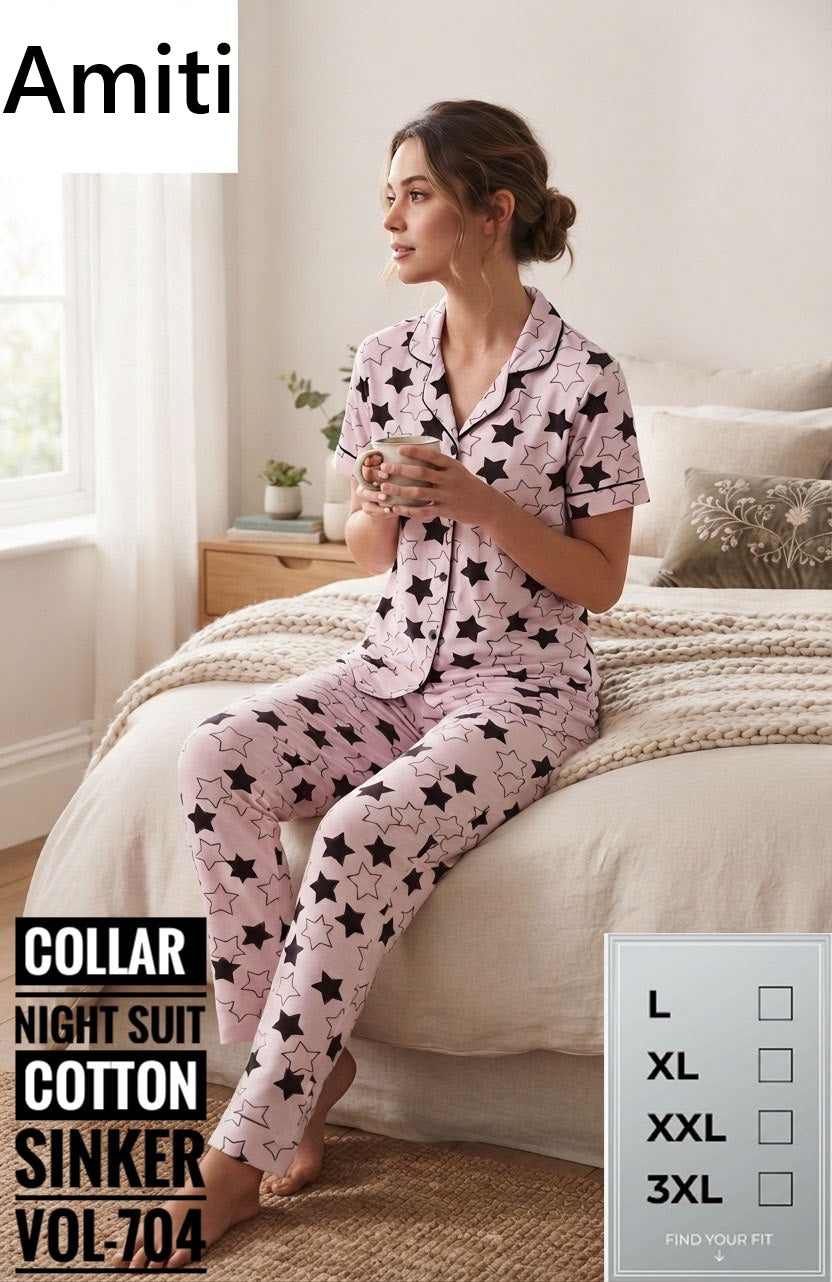 Vol 704 Sinker Amiti Cotton Collar Night Suits Wholesale Price