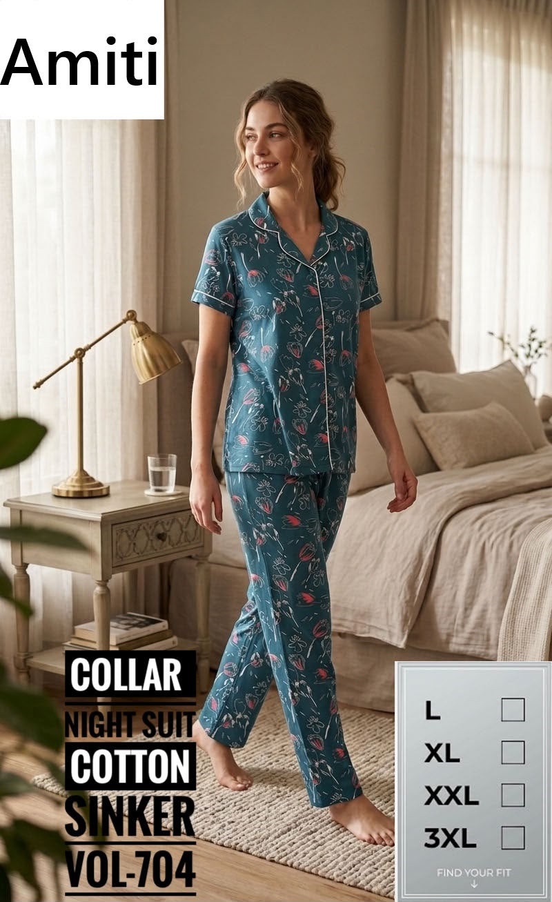 Vol 704 Sinker Amiti Cotton Collar Night Suits Wholesale Price