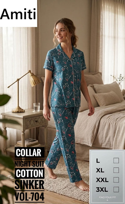 Vol 704 Sinker Amiti Cotton Collar Night Suits Wholesale Price