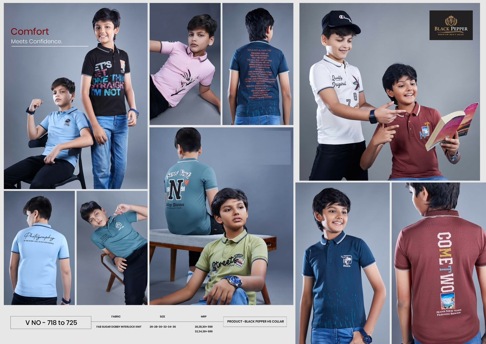 Vol 718 To 725 Dobby Black Pepper Lycra Knit Boys Tshirt Exporter India