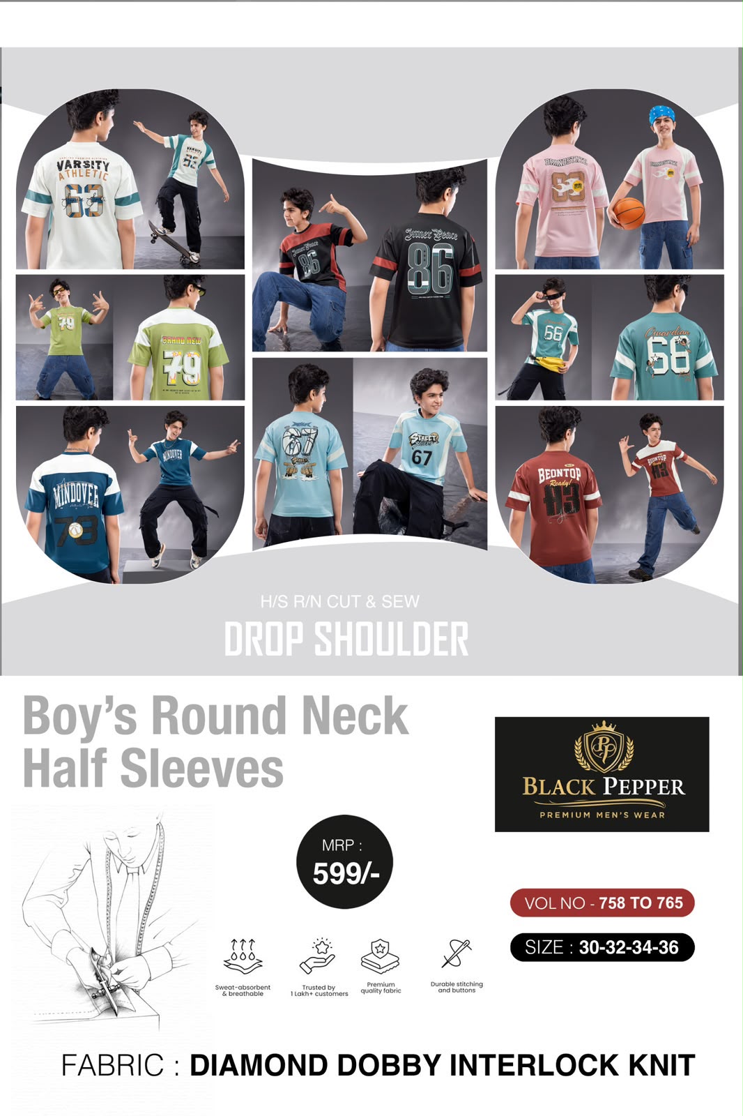 Vol 758 To 765 Oversized Black Pepper Interlock Boys Tshirt Manufacturer India
