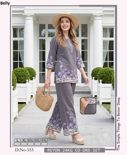 Vol 788 Border Print Belly Rayon 24Kg Co Ord Set Supplier India