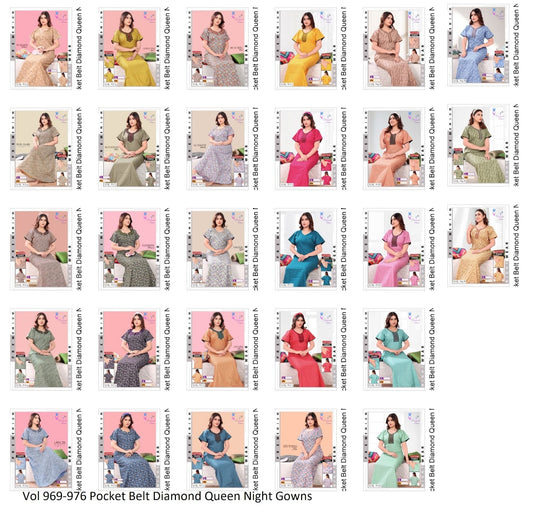 Vol 969-976 Pocket Belt Diamond Queen Cotton Night Gowns Manufacturer Gujarat