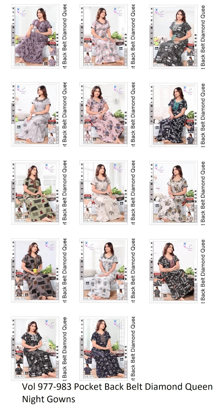 Vol 977-983 Pocket Back Belt Diamond Queen Reyon Night Gowns Supplier Gujarat