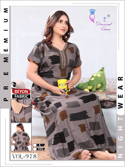 Vol 977-983 Pocket Back Belt Diamond Queen Reyon Night Gowns Supplier Gujarat