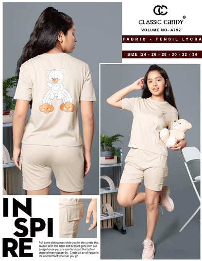 Vol A792 Classic Candy Tencil Lycra Girls Shorts Set Wholesale Price