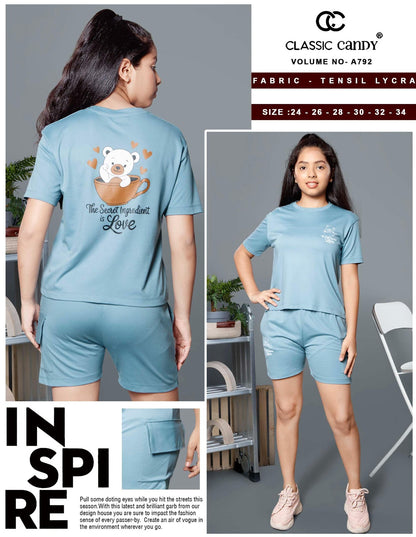Vol A792 Classic Candy Tencil Lycra Girls Shorts Set Wholesale Price