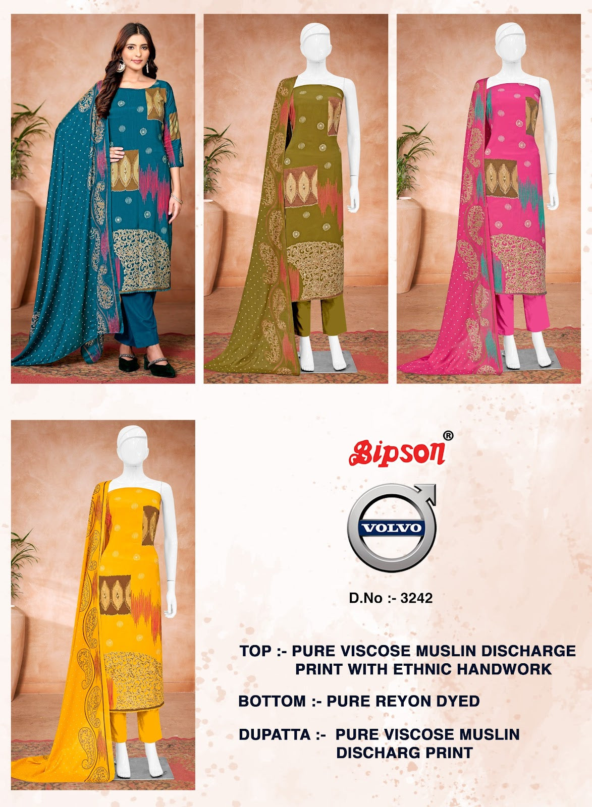 Volvo 3242 Bipson Prints Viscose Muslin Pant Style Suits Exporter Ahmedabad