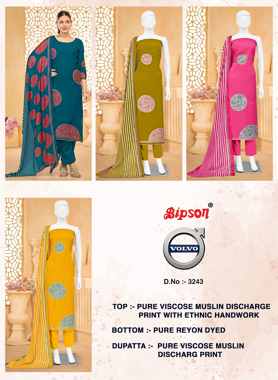 Volvo 3243 Bipson Prints Viscose Muslin Pant Style Suits Supplier Ahmedabad