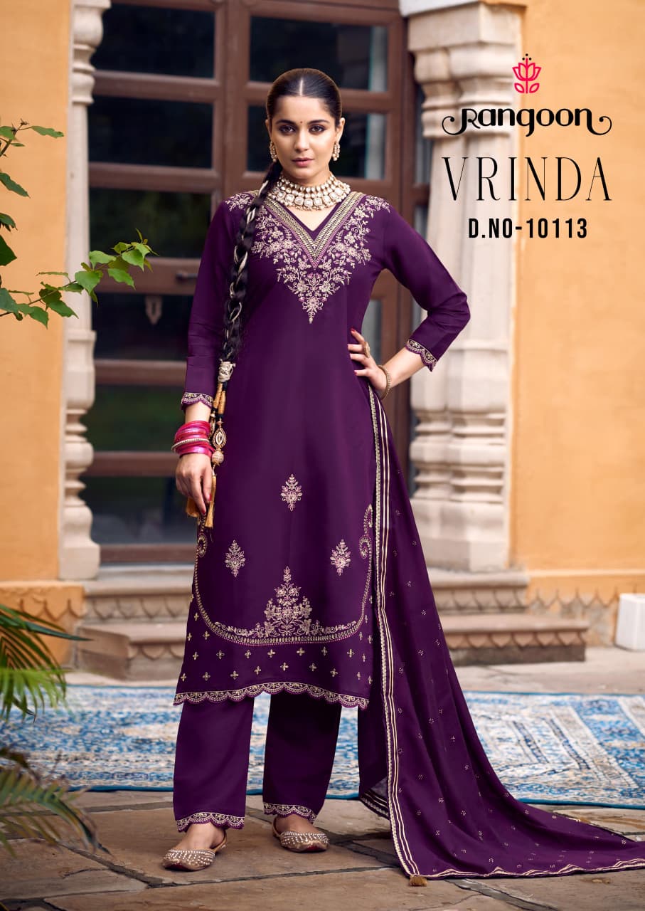 Vrinda Rangoon Silk Readymade Pant Style Suits Wholesaler Ahmedabad