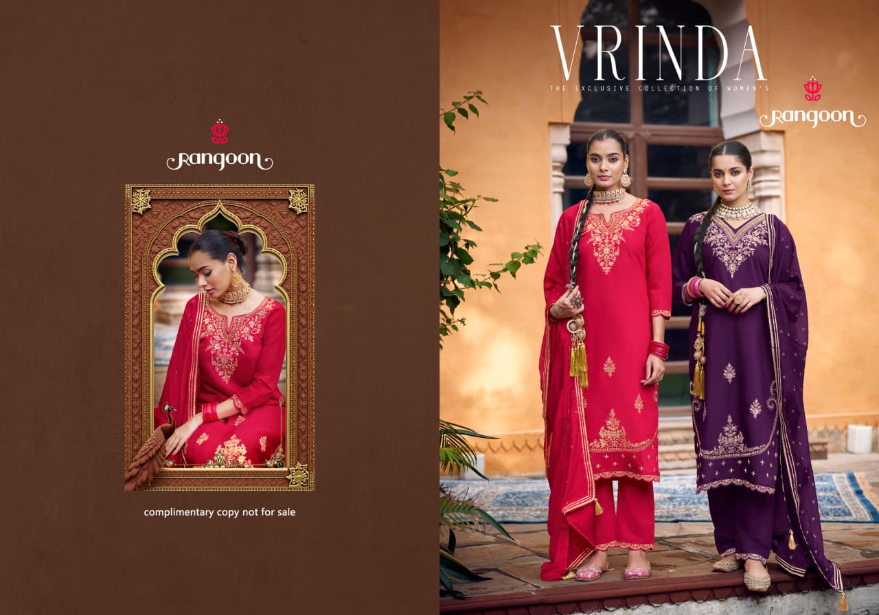 Vrinda Rangoon Silk Readymade Pant Style Suits Wholesaler Ahmedabad