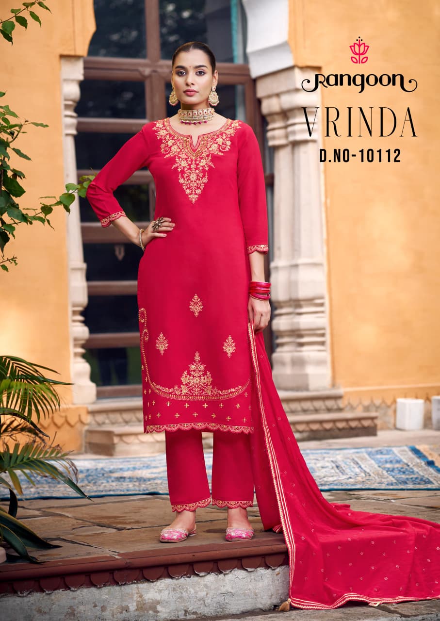 Vrinda Rangoon Silk Readymade Pant Style Suits Wholesaler Ahmedabad