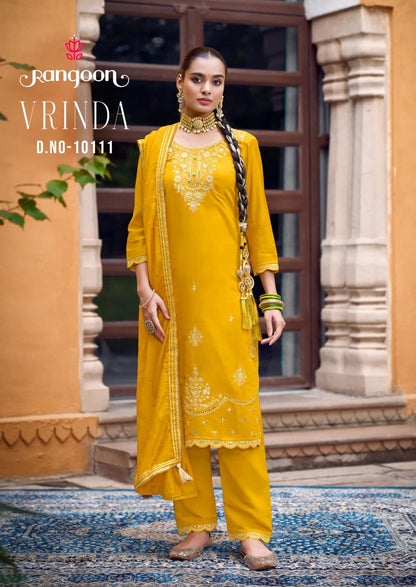 Vrinda Rangoon Silk Readymade Pant Style Suits Wholesaler Ahmedabad