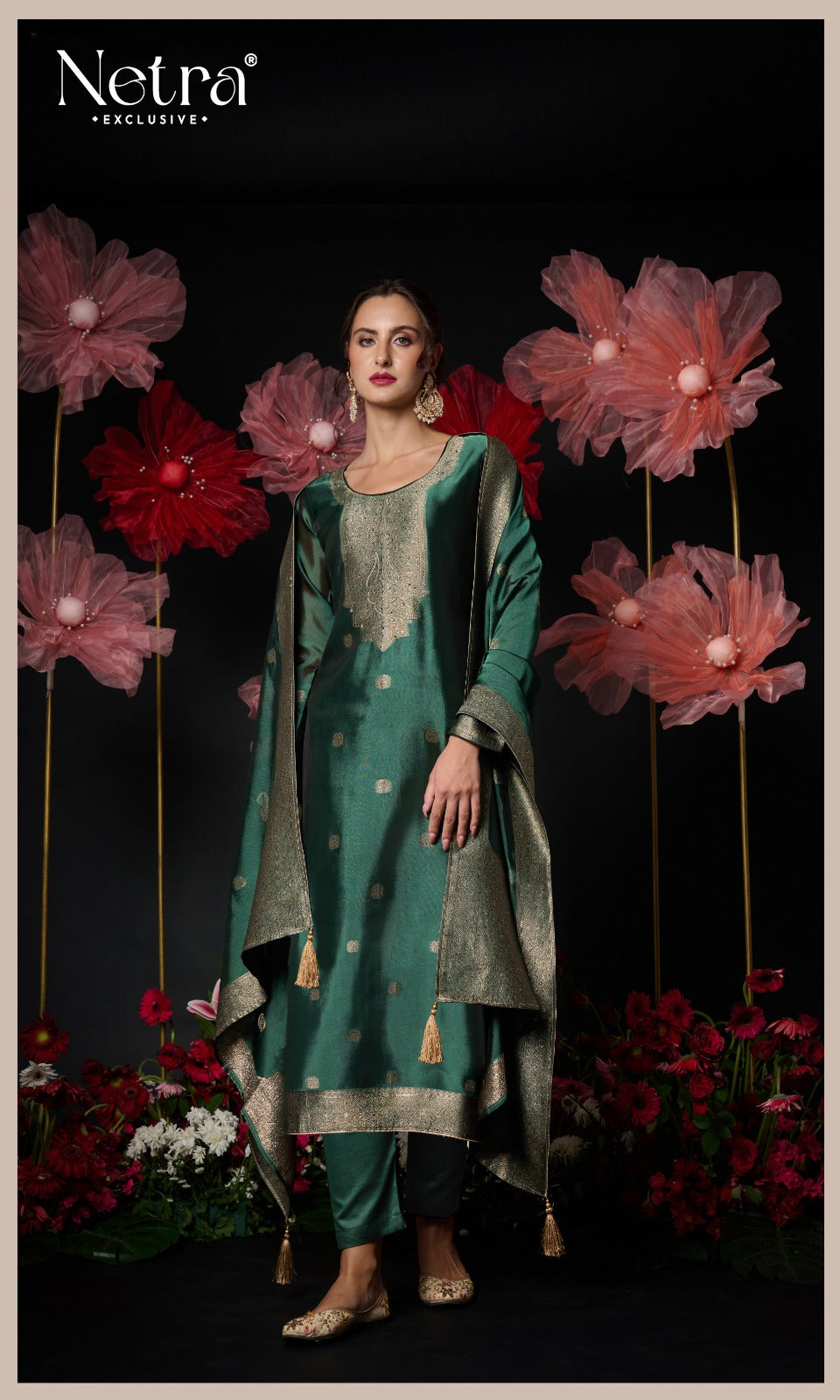 Vrisa New Colours Netra Silk Jacquard Pant Style Suits Exporter