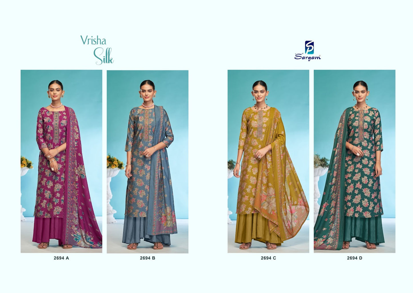 Vrisha Silk Sargam Prints Viscose Modal Plazzo Style Suits Wholesaler Gujarat