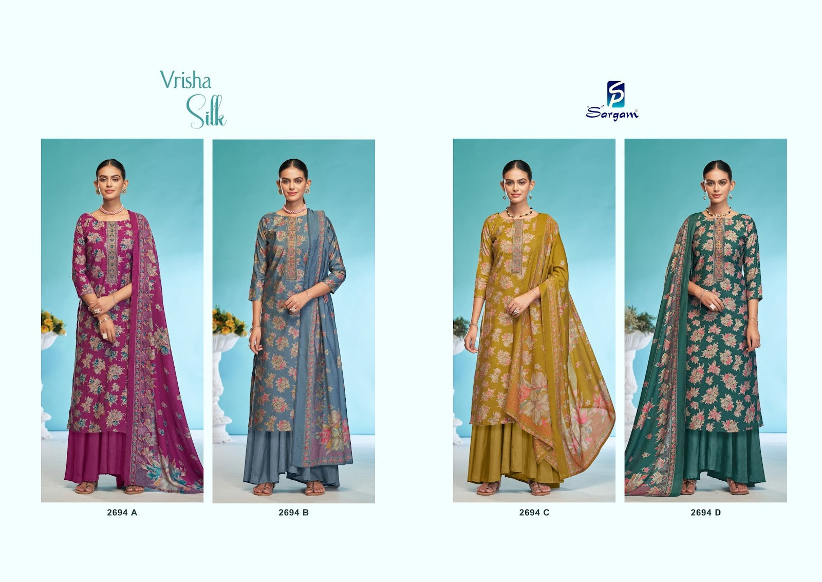 Vrisha Silk Sargam Prints Viscose Modal Plazzo Style Suits Wholesaler Gujarat