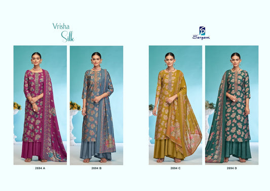 Vrisha Silk Sargam Prints Viscose Modal Plazzo Style Suits Wholesaler Gujarat