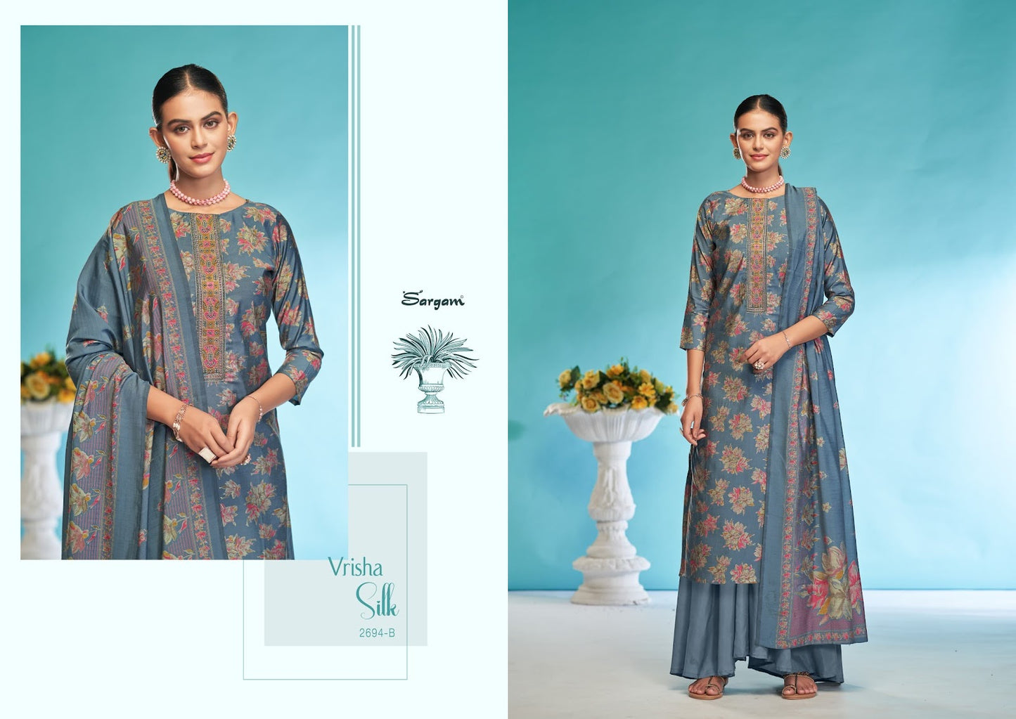 Vrisha Silk Sargam Prints Viscose Modal Plazzo Style Suits Wholesaler Gujarat