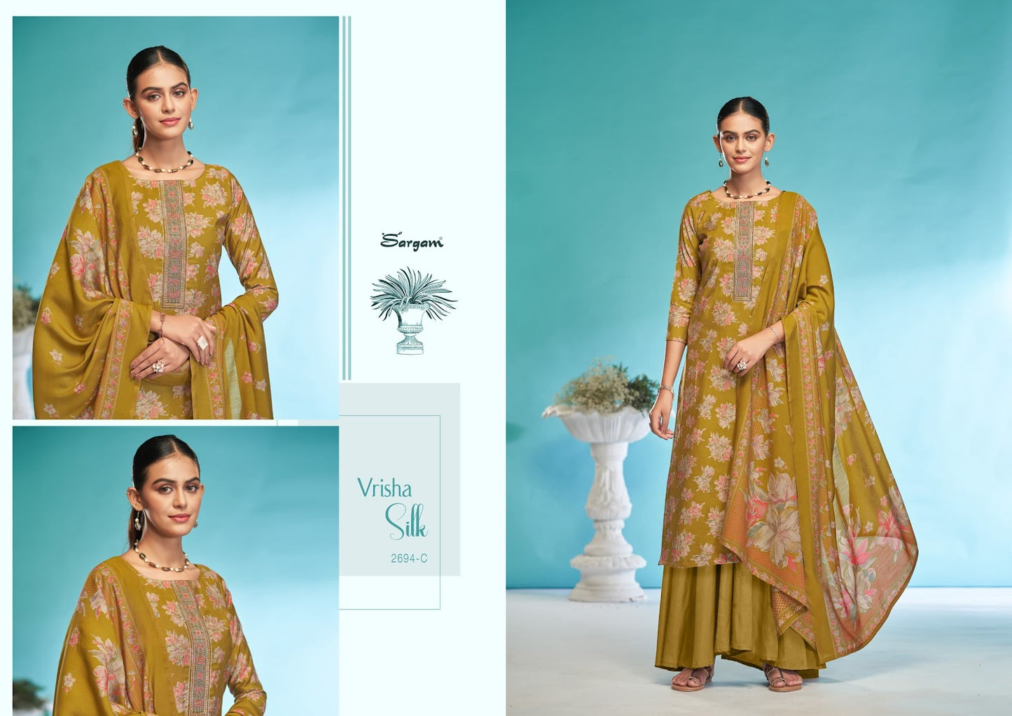 Vrisha Silk Sargam Prints Viscose Modal Plazzo Style Suits Wholesaler Gujarat