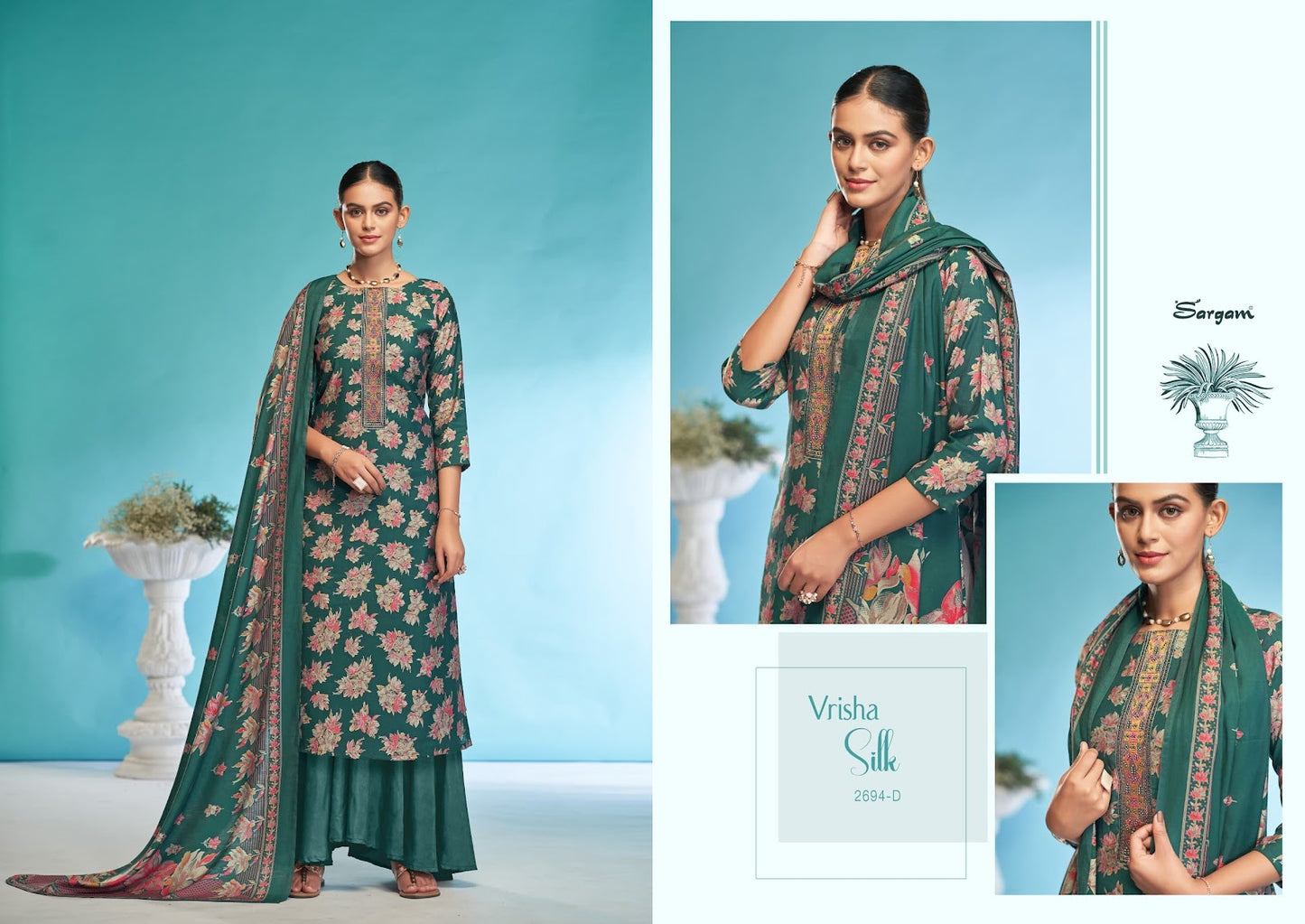 Vrisha Silk Sargam Prints Viscose Modal Plazzo Style Suits Wholesaler Gujarat