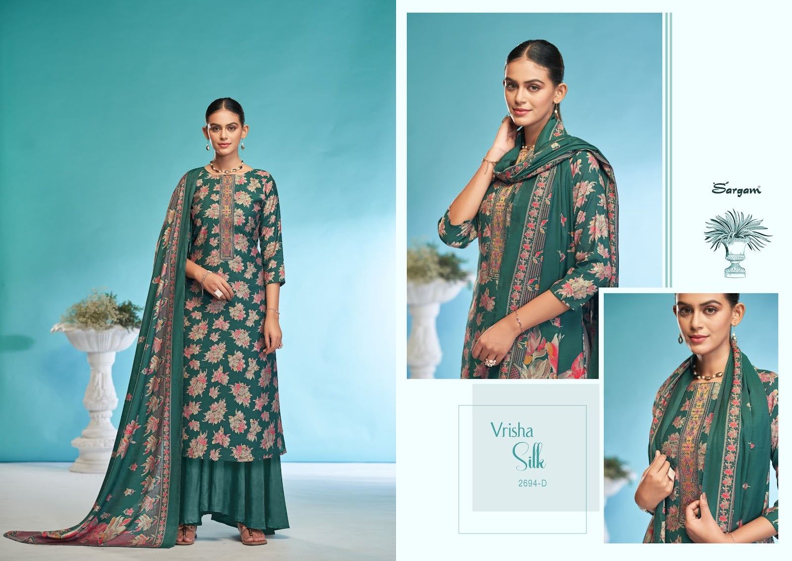 Vrisha Silk Sargam Prints Viscose Modal Plazzo Style Suits Wholesaler Gujarat