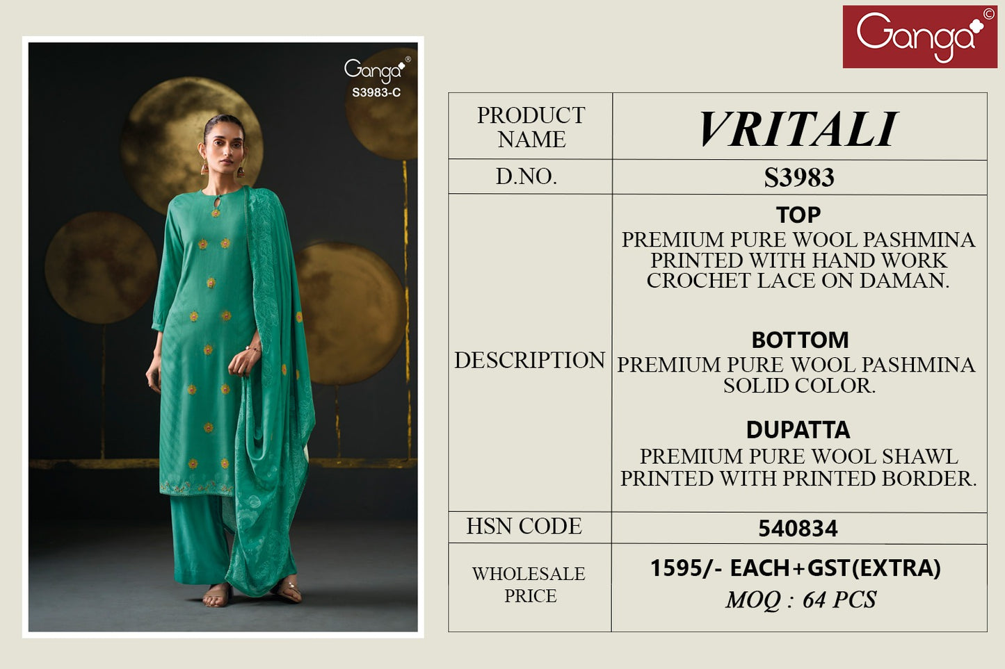 vritali 3983 ganga pashmina suits wholesaler